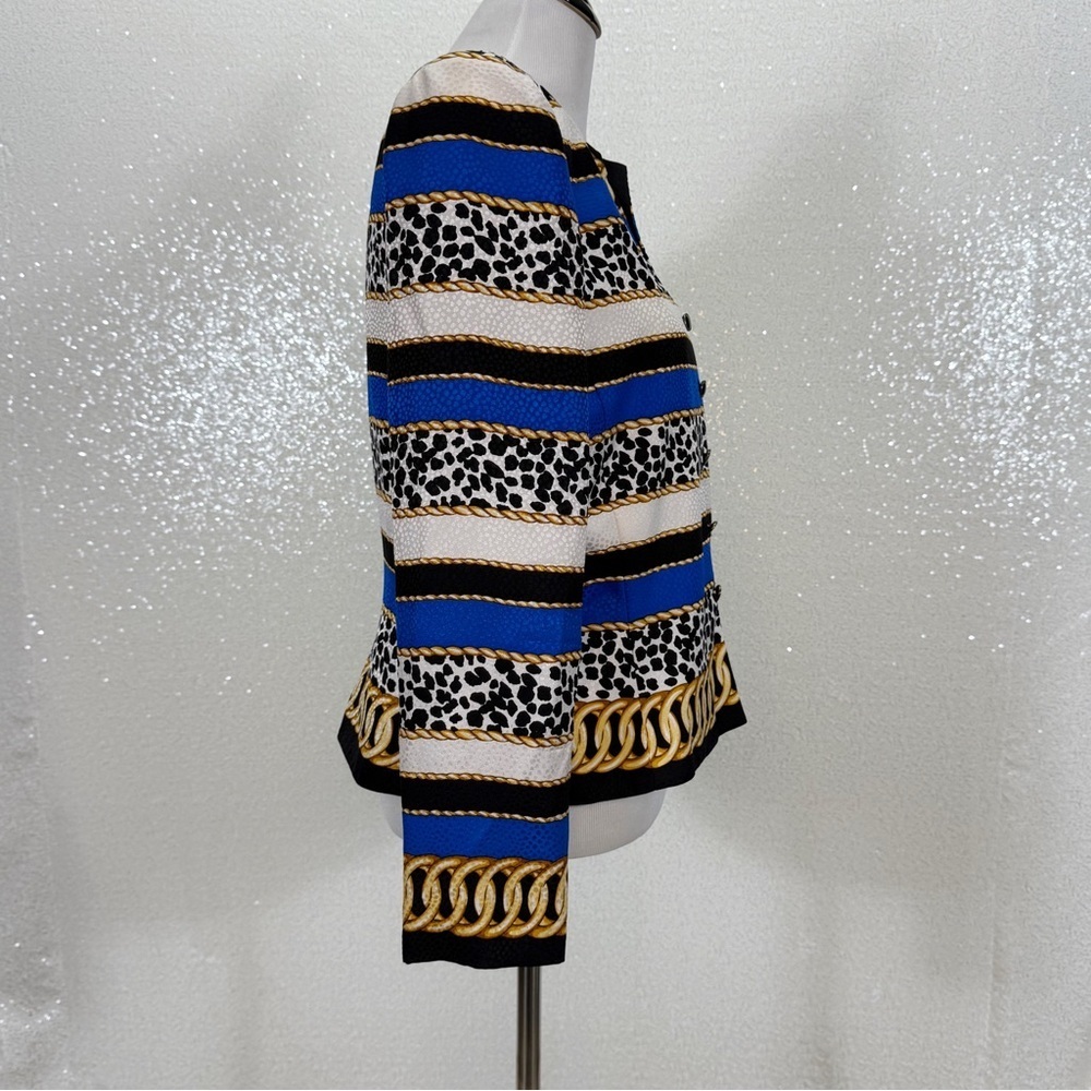 Adrianna Papell 100% Silk Chain Leopard Print Jacket Blazer Blue Gold Size 14 - Picture 9 of 11